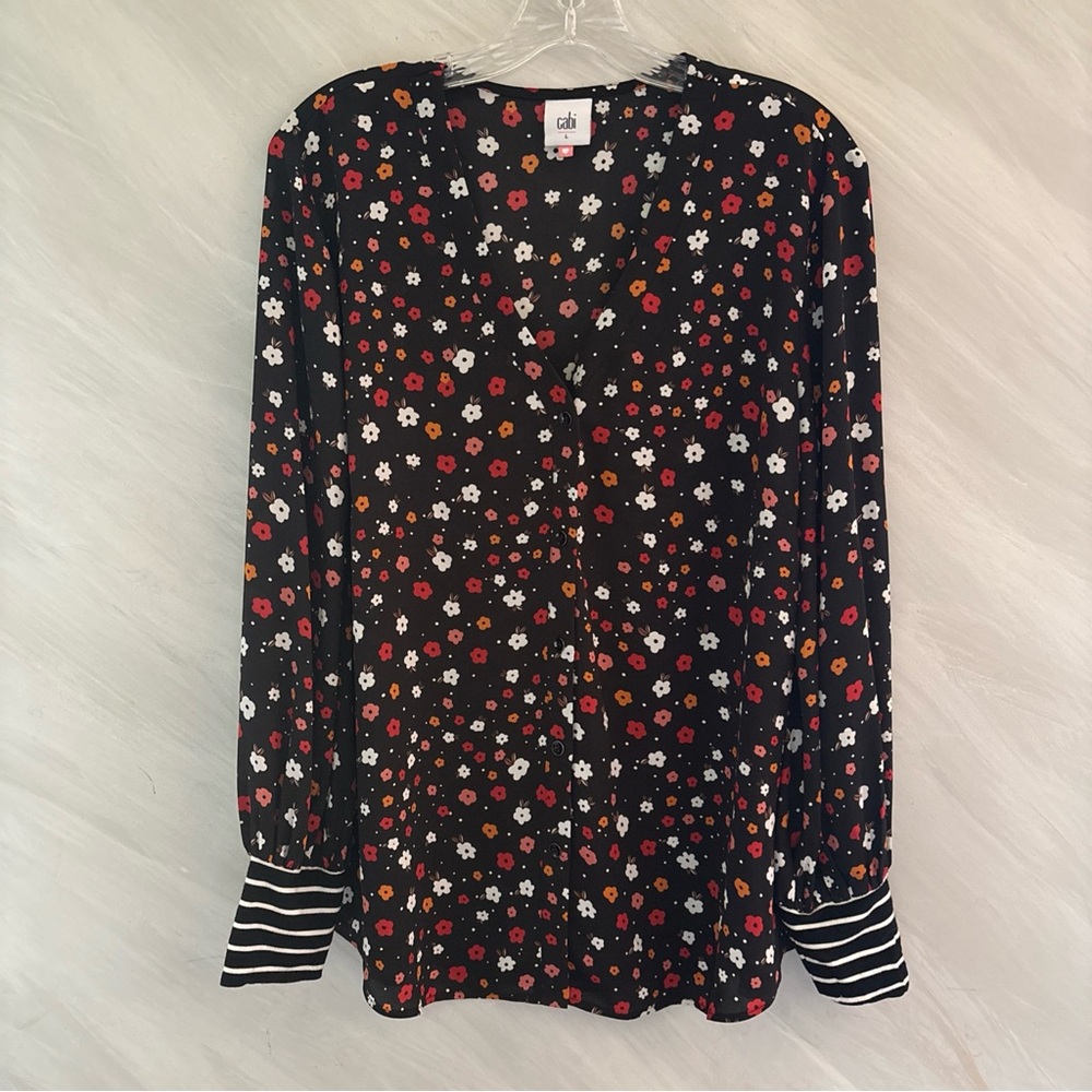 Cabi Large Floral Black Blouse with Striped Cuffs